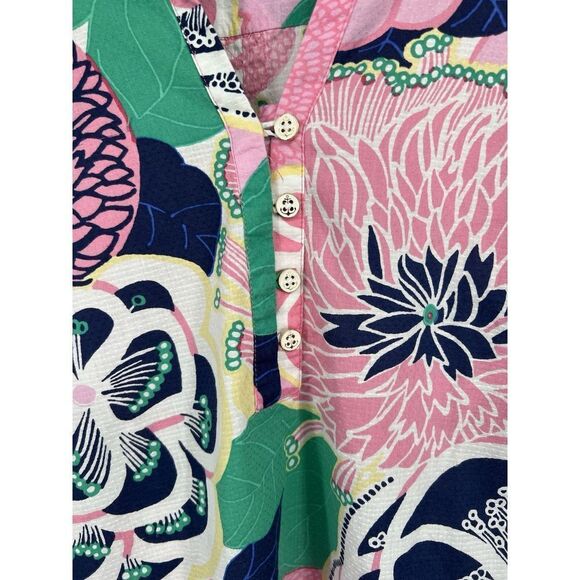 Talbots Blouse Size Large Pink Blue Tropical Floral Popover Collared Resort - Picture 2 of 5